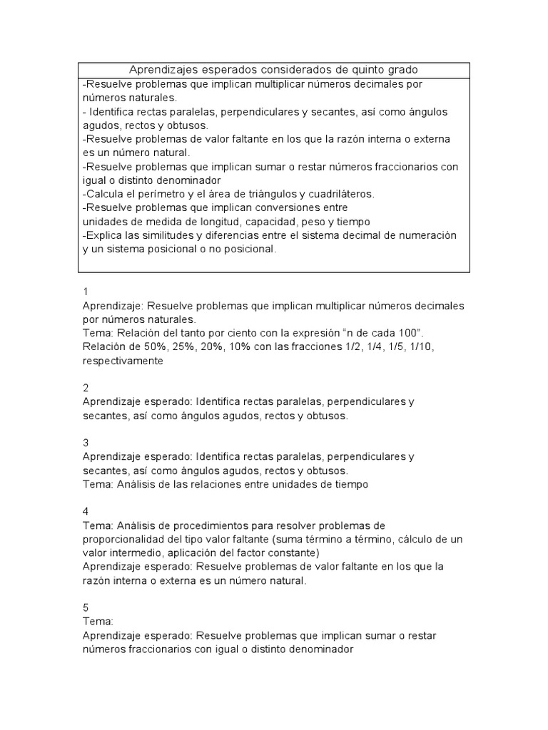 Aprendizajes Esperados Considerados de Quinto Grado | PDF | Ángulo ...