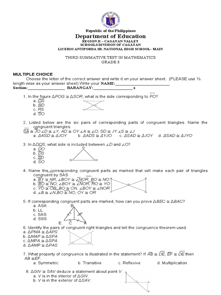 Grade 8 Mathematics Summative Test | PDF | Geometric Shapes ...