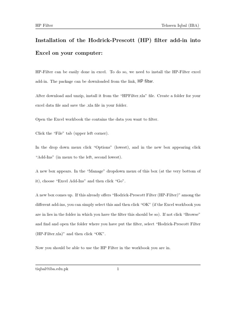 Installation of the hodrick prescott hp filter add in into excel on