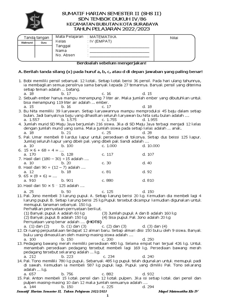 Soal Matematika Kelas 4 Semester 2 | PDF | Metode & Bahan Ajar | Seni