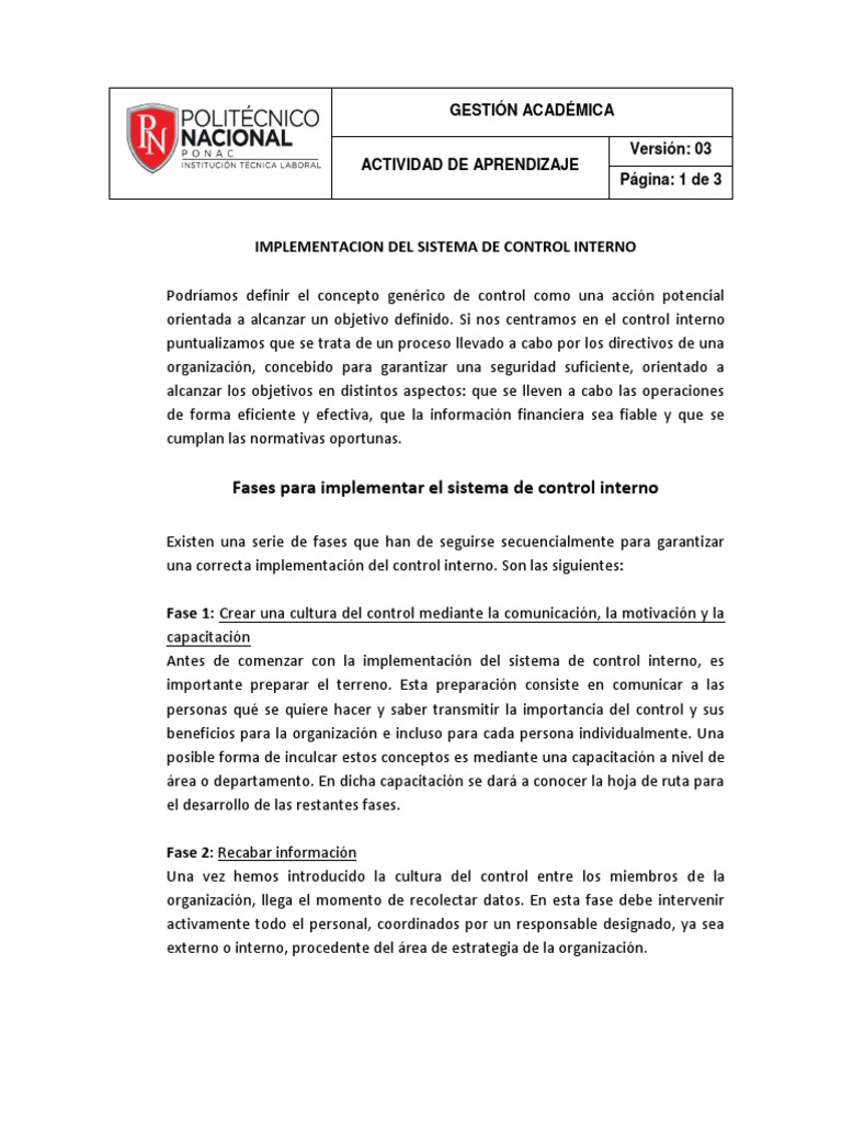 Implementación del Sistema de Control Interno | PDF | Aprendizaje ...