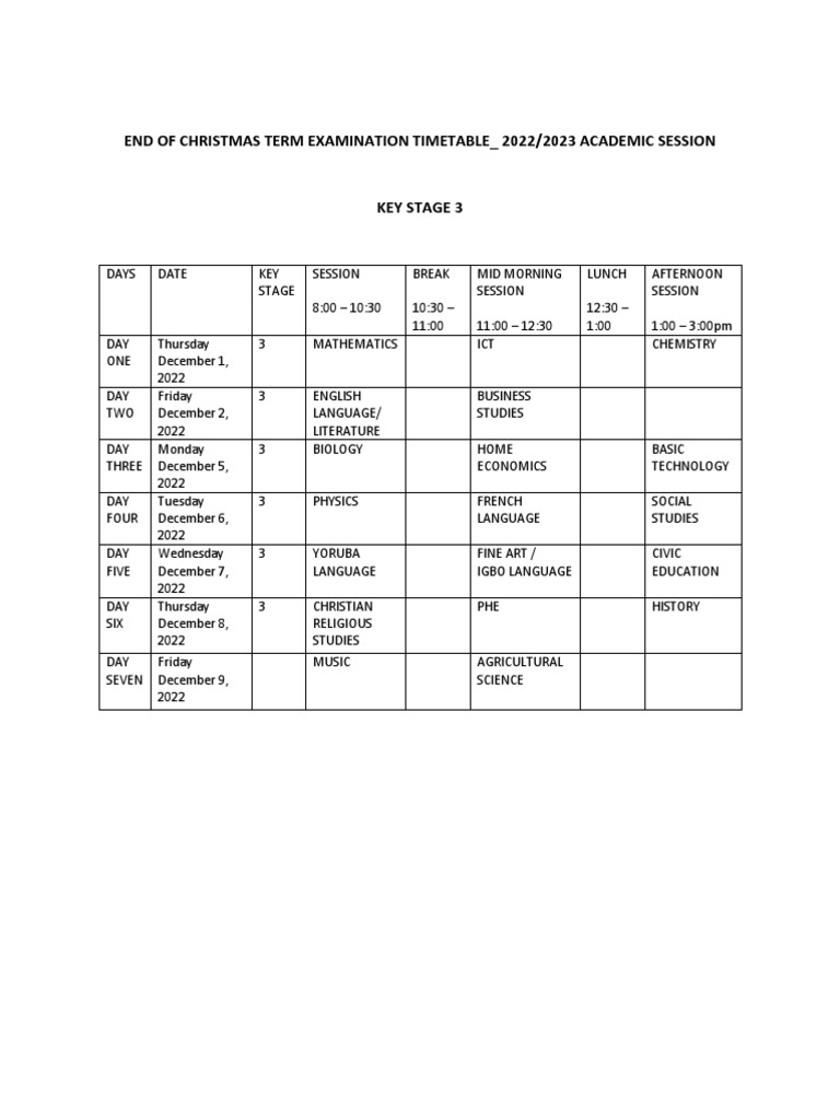 End of Christmas Term Examination Timetable Key Stage 3 2022 2023