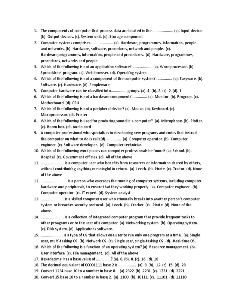 JSS2 Comp Exam PDF Computer Hardware Byte