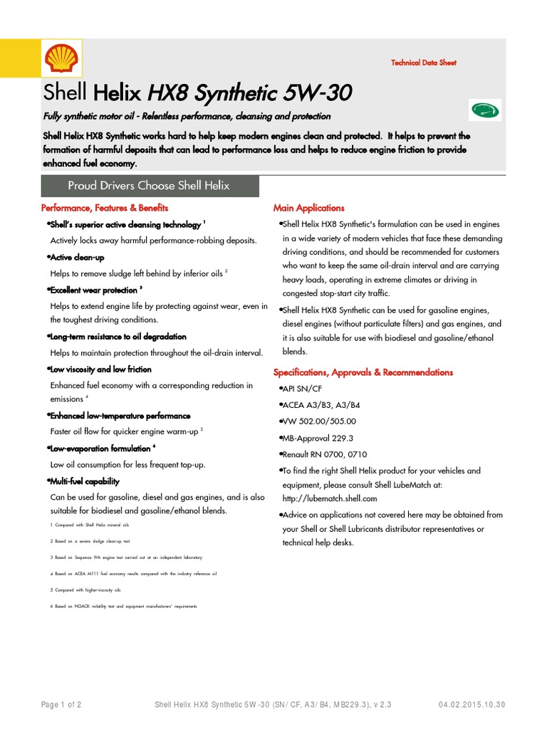 Shell Helix HX8 5W-30 Specifications | PDF | Motor Oil | Chemistry