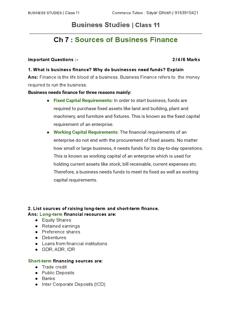 Sources of Business Finance - Class 11 | PDF | Stocks | Financial Capital