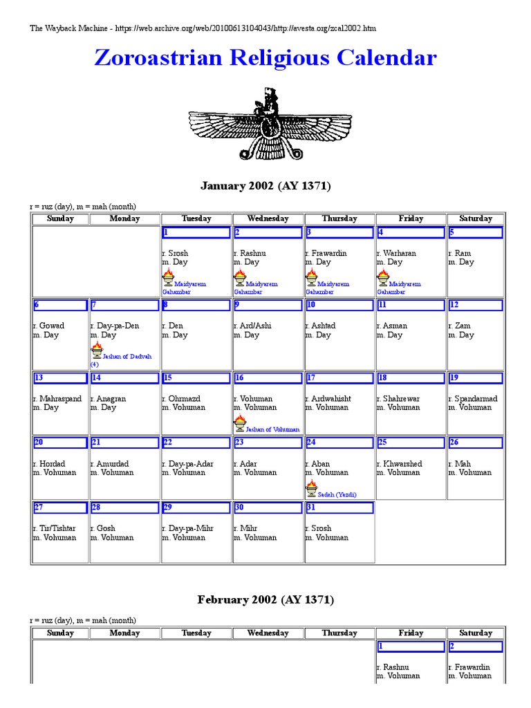 Zoroastrian Religious Calendar For The Year 2002 | PDF | Zoroastrianism