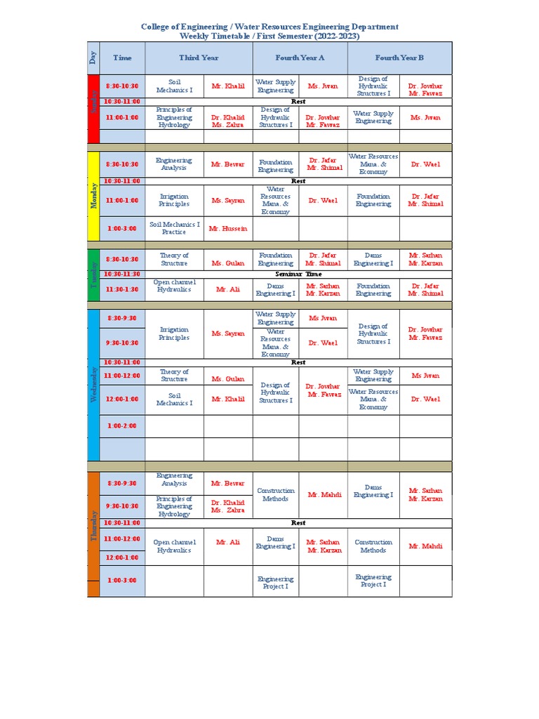 Water Resources Engineering Timetable | PDF
