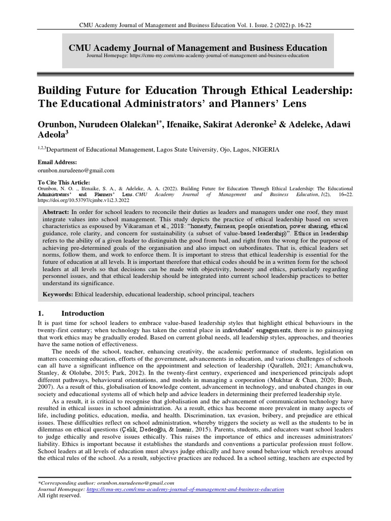 3 +CJMBE+Vol+1+Issue+2+2022 | PDF | Leadership | Teachers