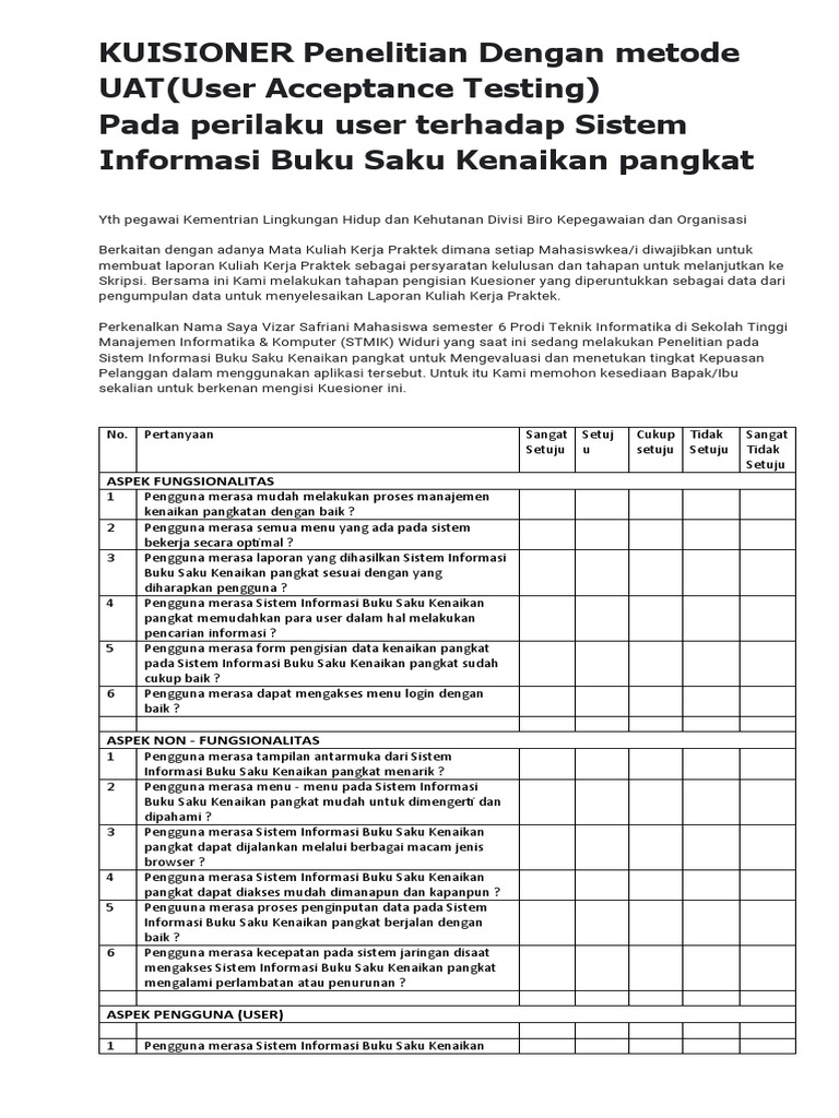 Kuisoner Penelitian Dengan Metode UAT (User Acceptance Testing) | PDF