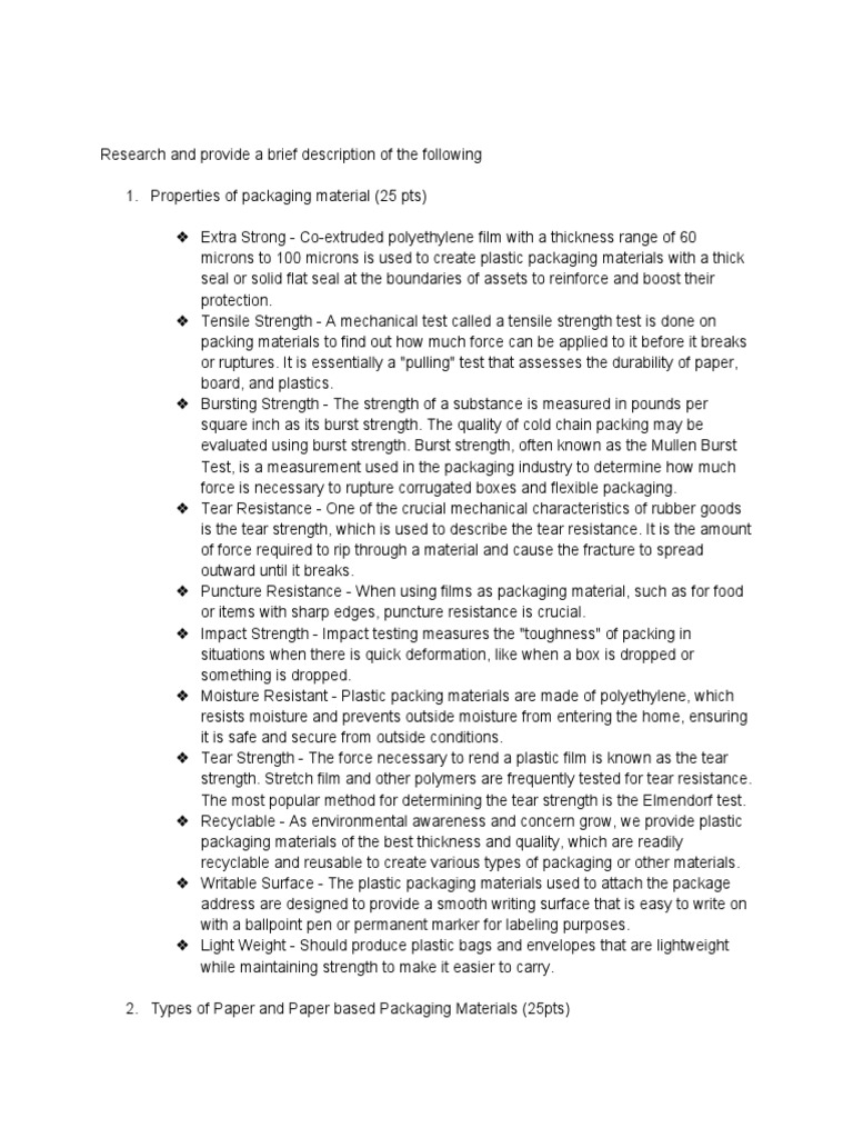 Properties of Packaging Material PDF Fracture Strength Of Materials