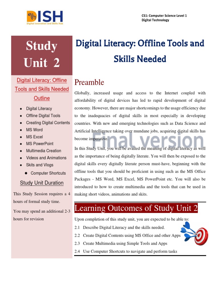 Study Unit 2 Digital Literacy Offline Tools and Skills Needed PDF