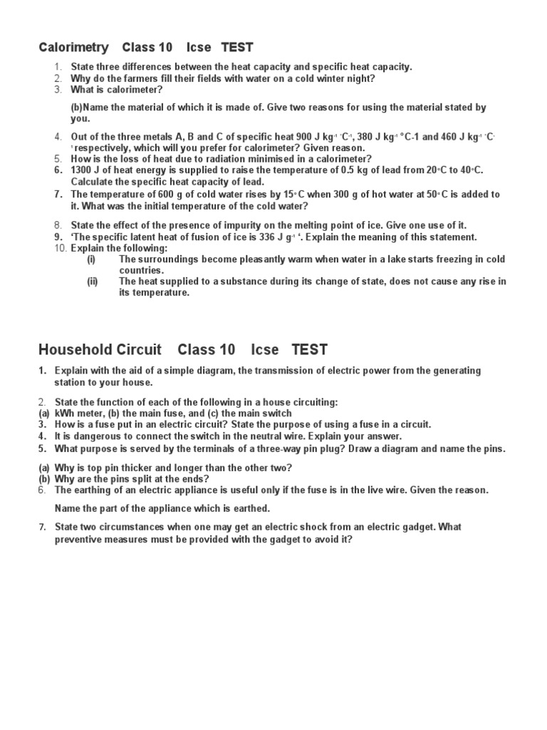 Calorimetry Class 10 Icse TEST Download Free PDF Heat Water