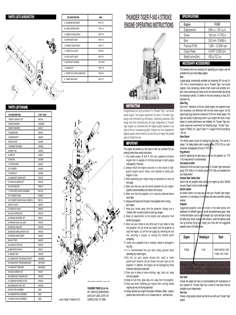 Thunder Tiger F-54S Engine Manual | PDF | Engines | Vehicle Parts