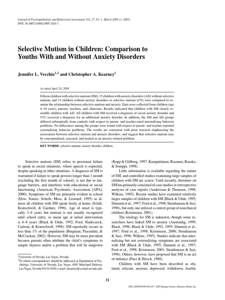 Selective Mutism in Children Comparison To Youths With and Without