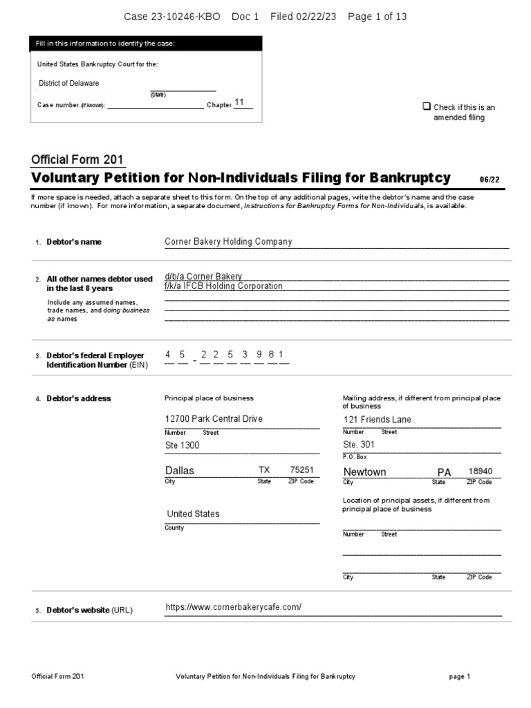 Corner Bakery PDF Chapter 11 Bankruptcy