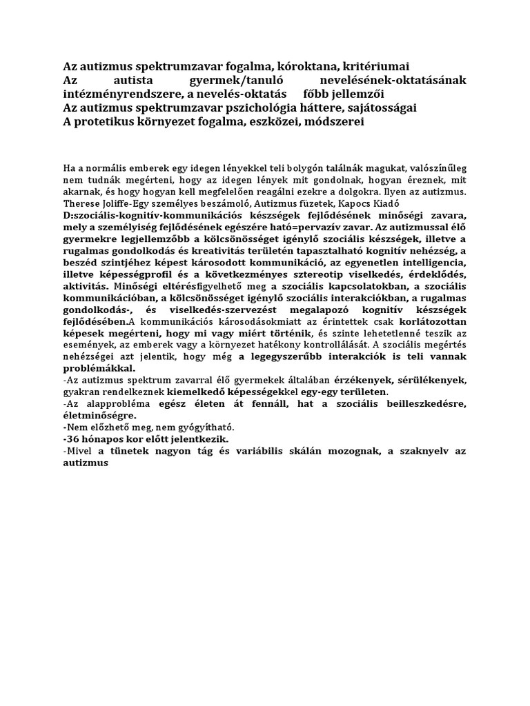 Az Autizmus Spektrumzavar Fogalma, Kóroktana, Kritériumai Elméleti
