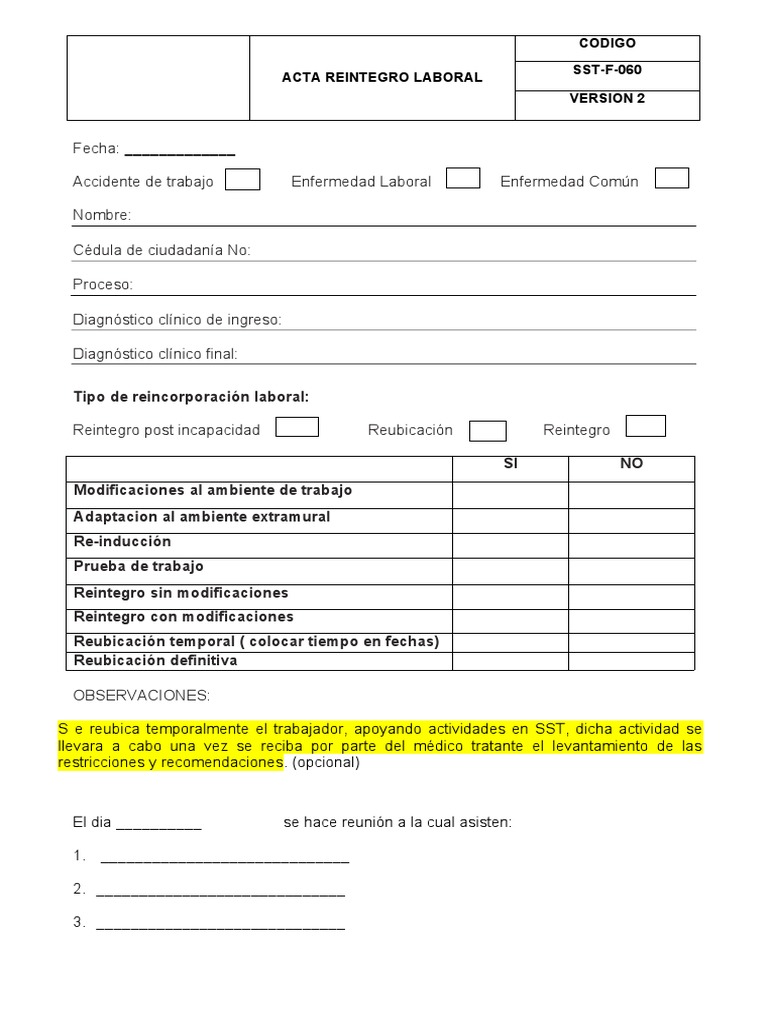 Acta de Reintegro Laboral | PDF | Medicina | Medicina CLINICA