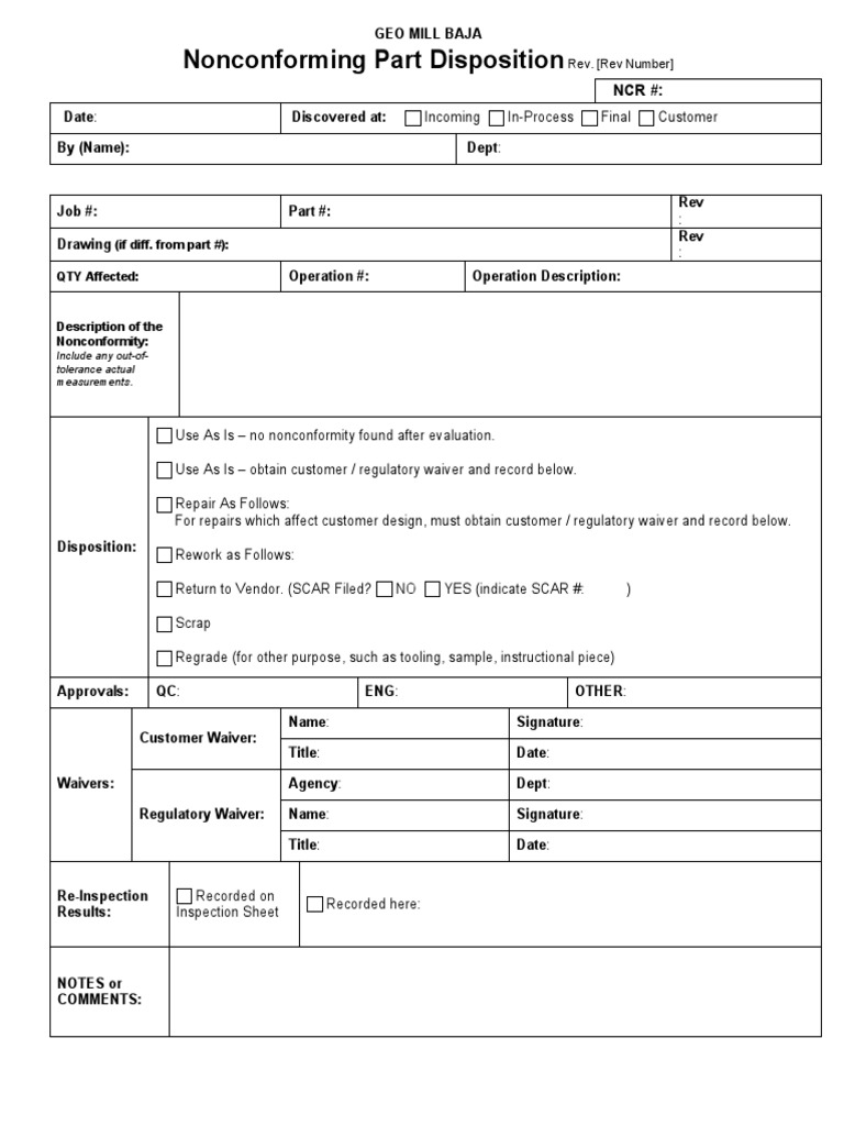 Nonconforming Part Disposition Form | PDF