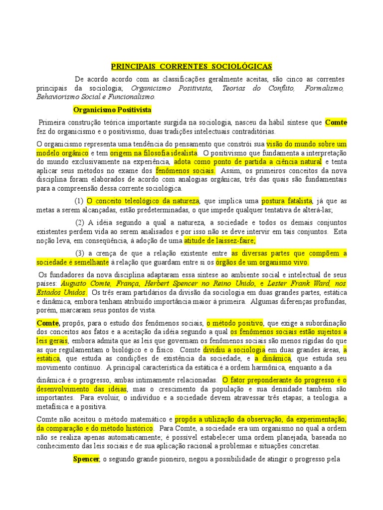 Principais Correntes Sociológicas | PDF | Sociologia | Positivismo