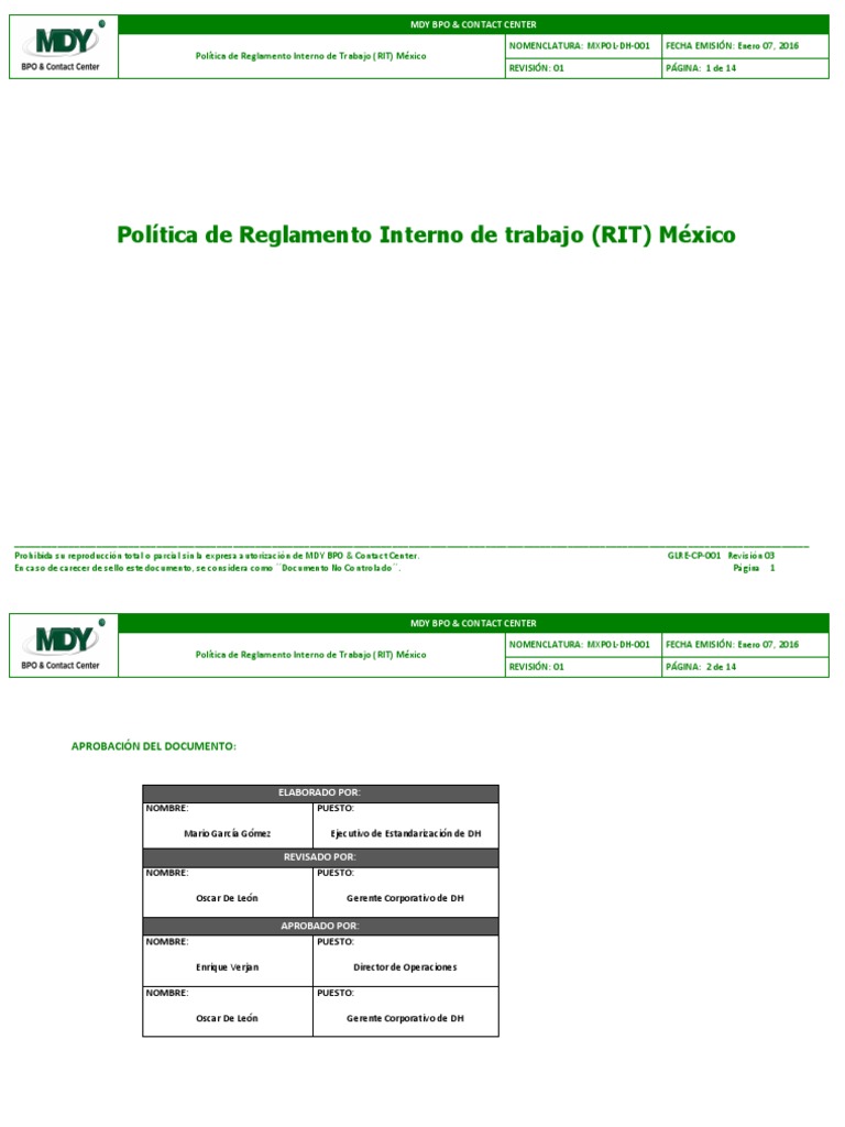 Reglamento Interno de Trabajo MDY México | PDF | Negocios