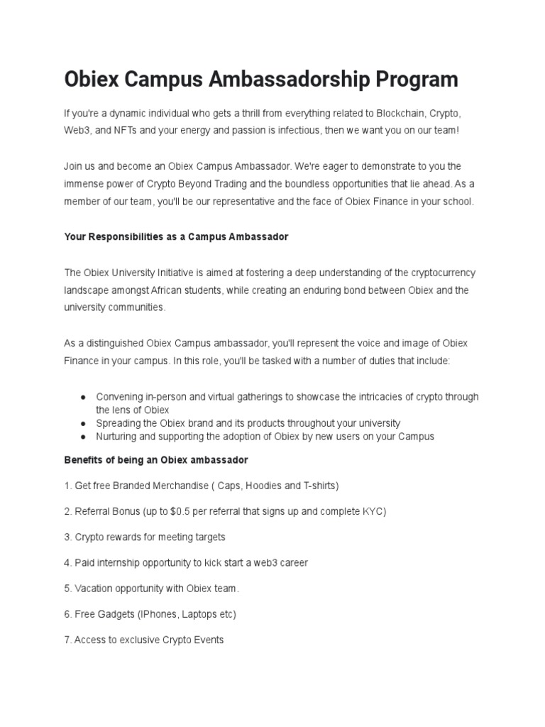 Obiex Campus Ambassador Program | PDF