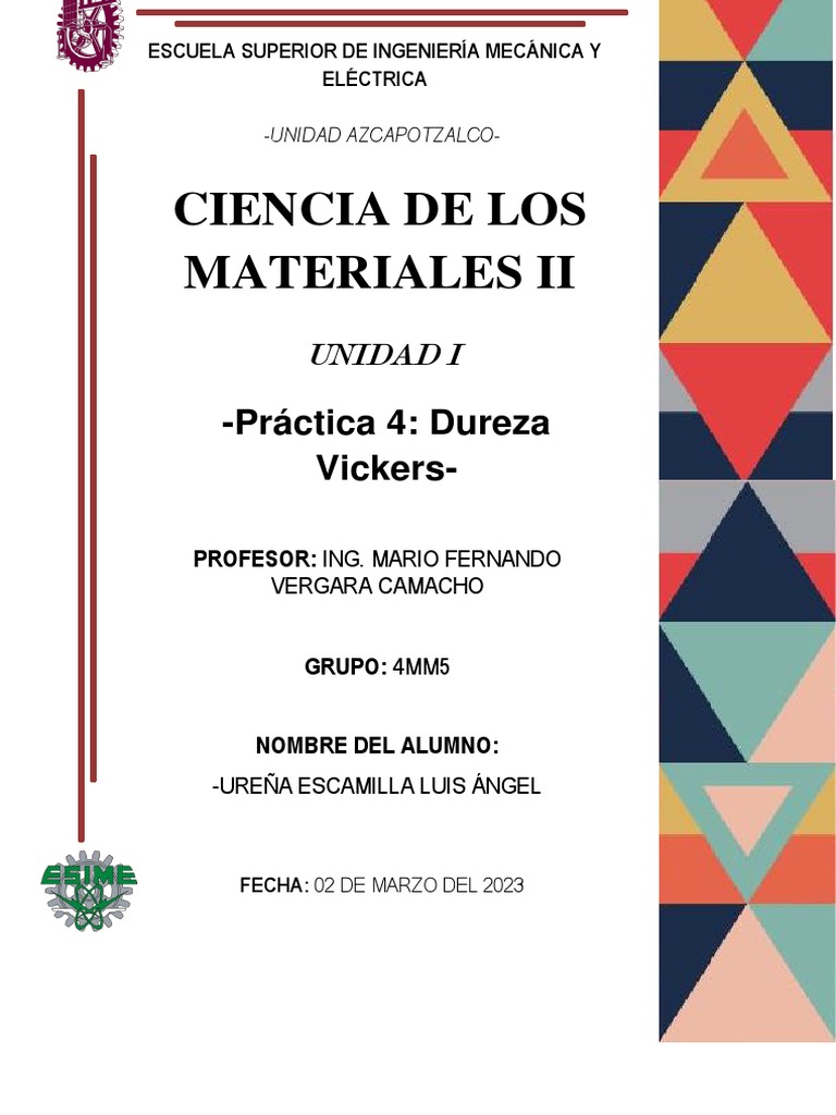 Ensayo de Dureza Vickers: Método y Cálculos | PDF | Dureza | Materiales