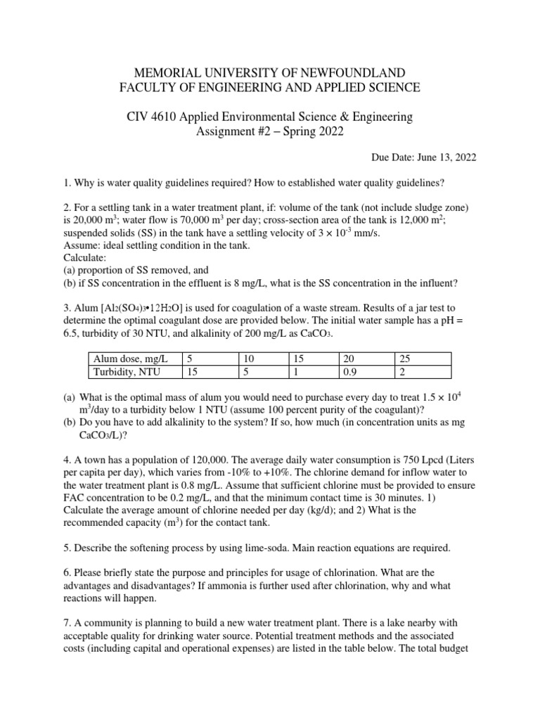 Assignment 2 PDF Water Purification Environmental Technology