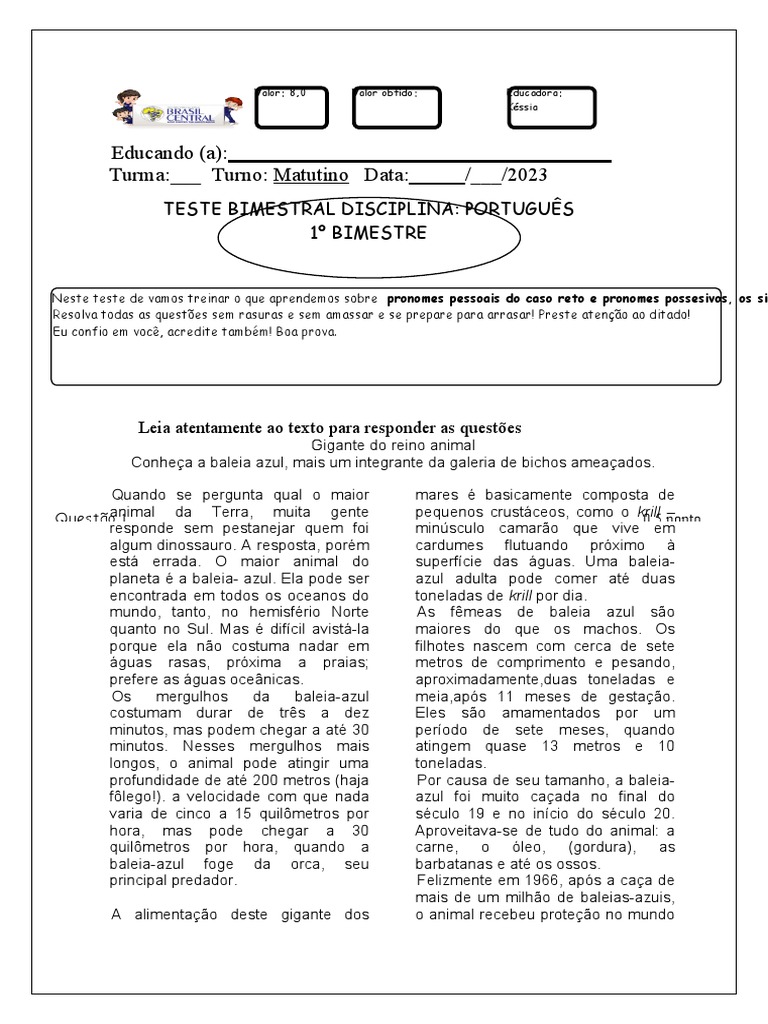 Teste Portuges 4 Ano 1 Bimestre | PDF