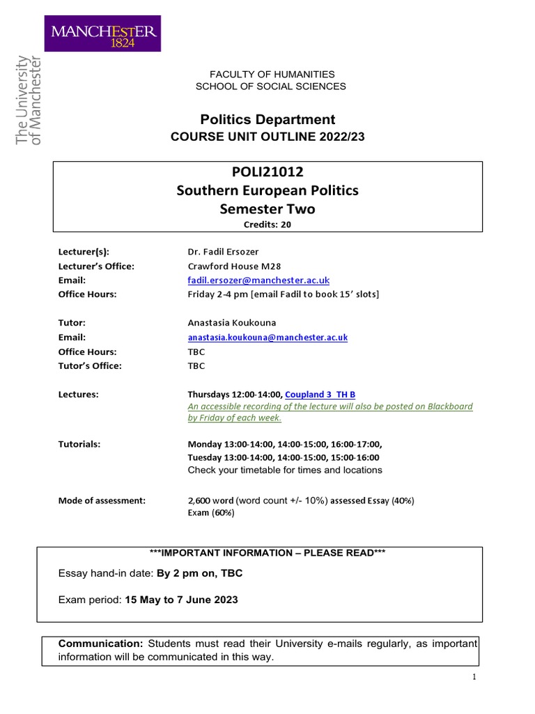 Southern European Politics Course Outline PDF European Union Essays