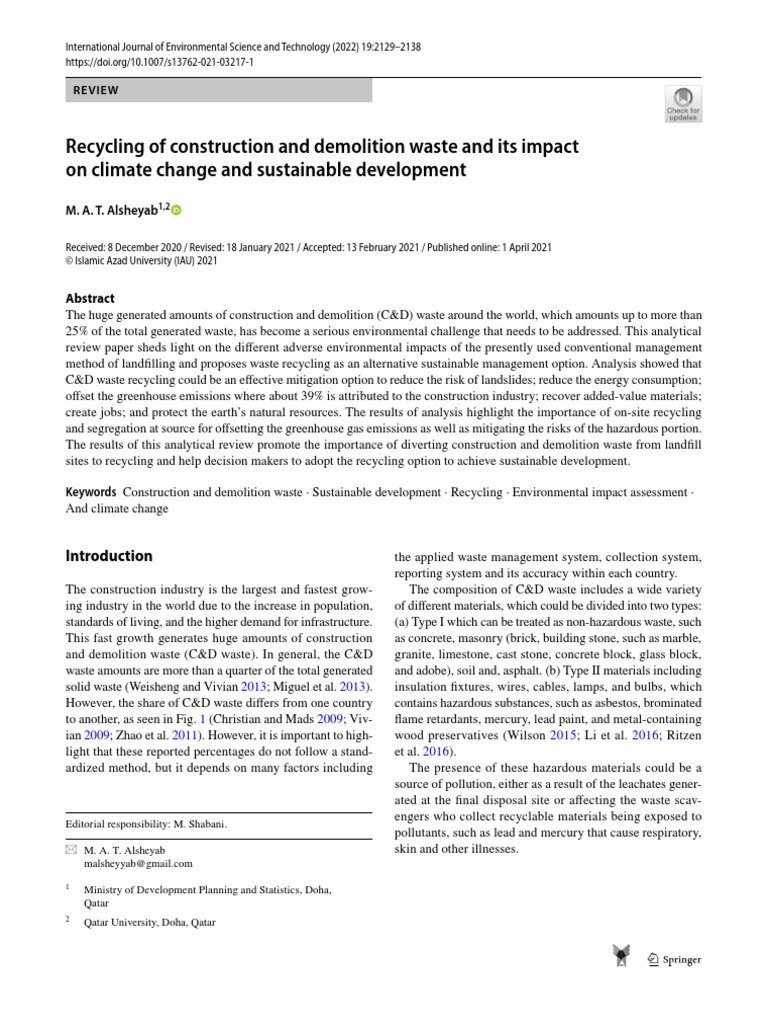 Recycling of Construction and Demolition Waste and Its Impact On ...