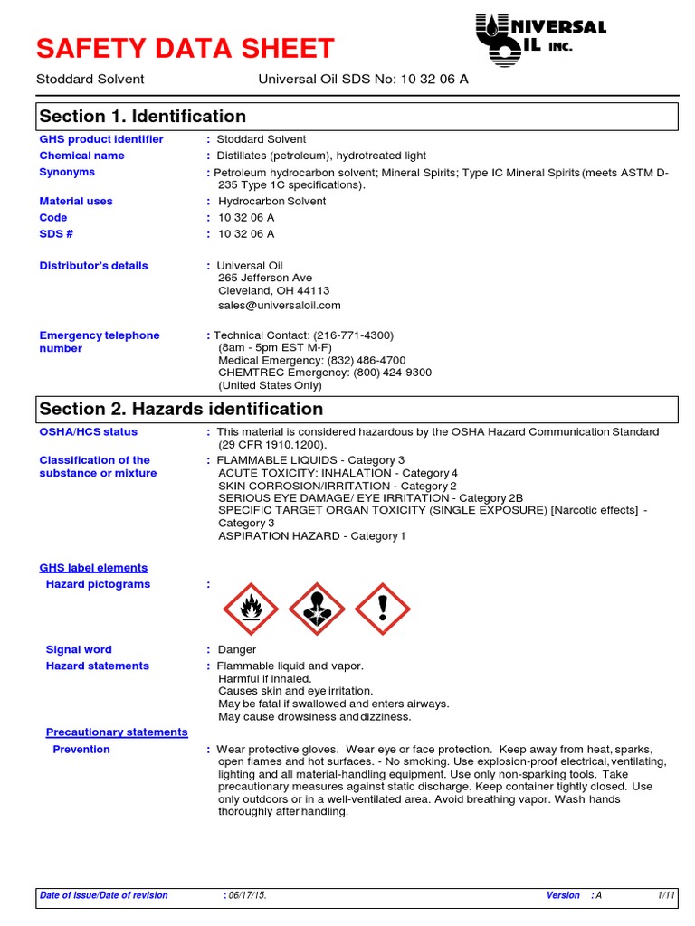 10 32 06 A Stoddard Solvent Sds Pdf Chemistry Safety