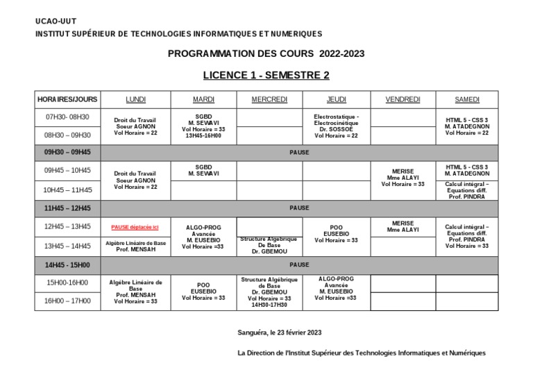Emploi du Temps Licence 1 Semestre 2 PDF Algèbre Mathématiques — free download