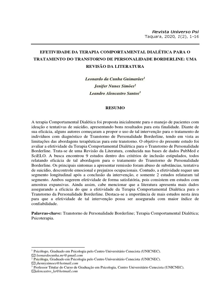 PDF) Transtorno de personalidade borderline: Estudos brasileiros e  considerações sobre a DBT