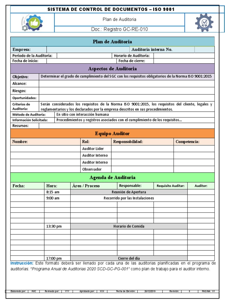 Plan de Auditoría Interna ISO 9001 | PDF | Auditoría | Contralor