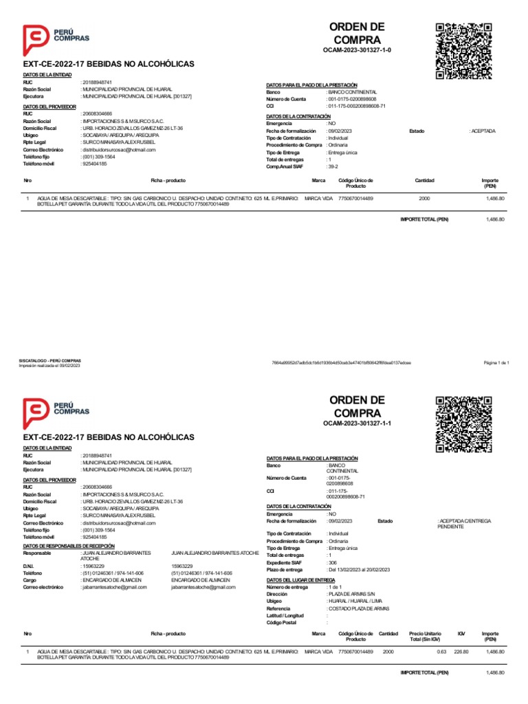 Compra de agua embotellada para municipalidad de Huaral | PDF ...