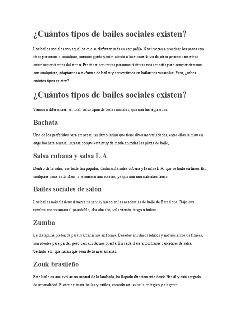 Tipos de Baile | Descargar gratis PDF | Bailes | Baile de salón