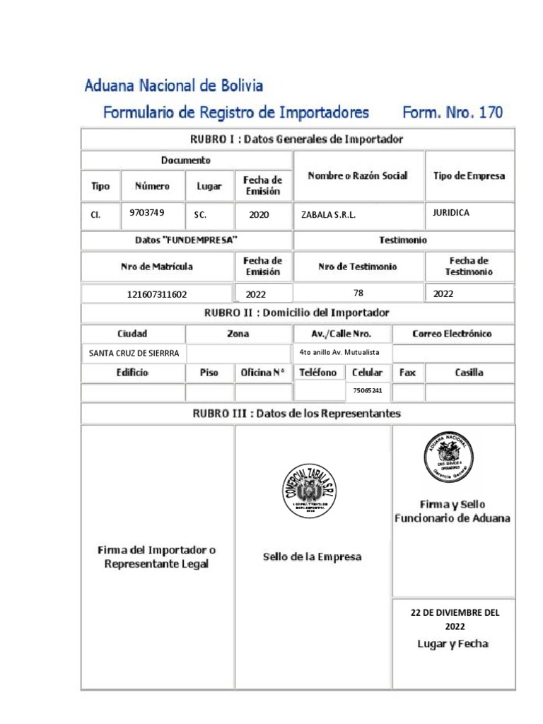 Formulario 170 Aduana Bolivia PDF | PDF