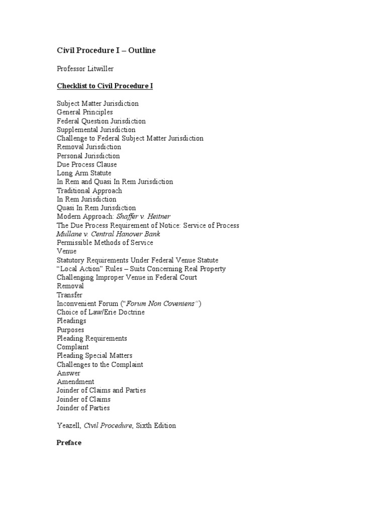 Yeazell Outline PDF Diversity Jurisdiction Supplemental Jurisdiction
