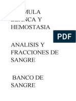 Formula Blanca Y Hemostasia Analisis Y Fracciones de Sangre Banco de Sangre