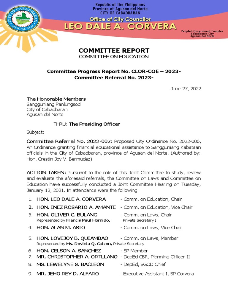 Cabadbaran Education Committee Report 2023 | PDF | Government