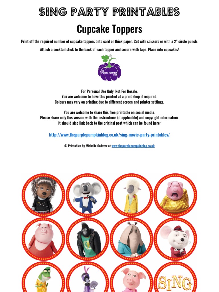 Free Printable Sing Movie Cupcake Toppers Usa | PDF