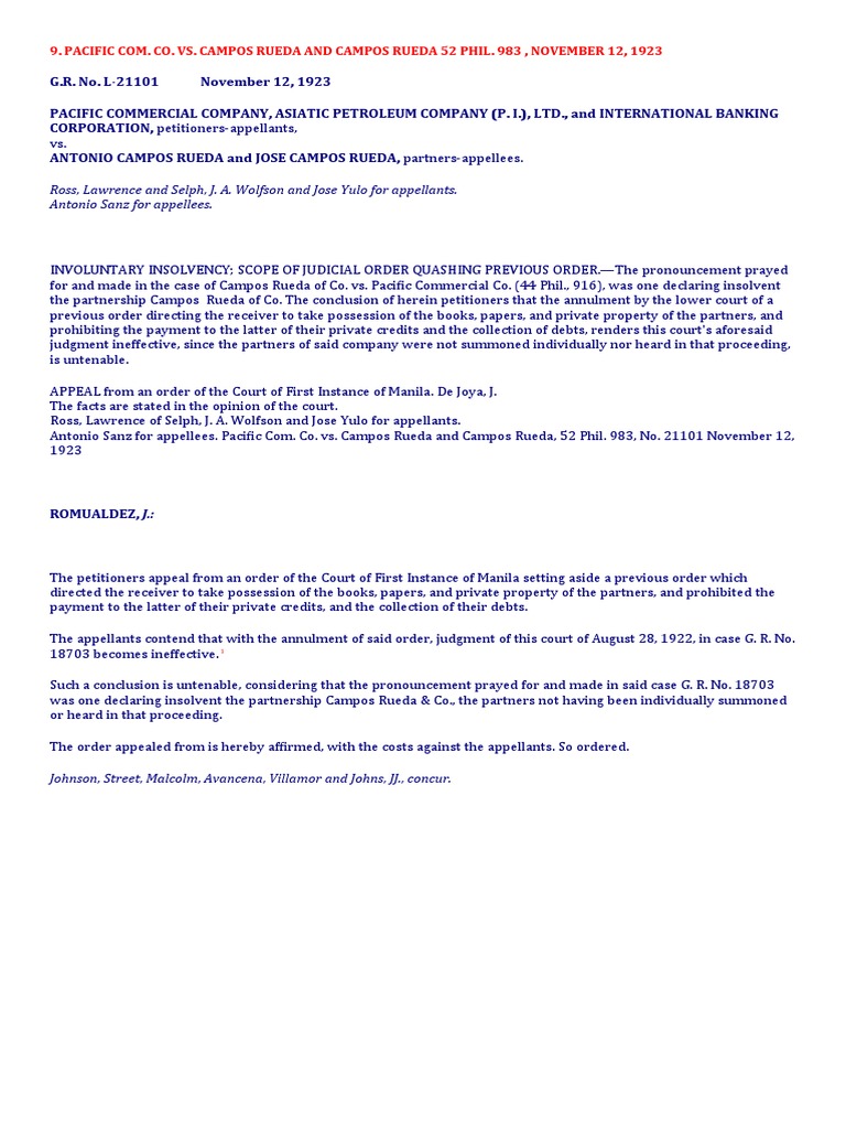 Pacific Com. Co. vs. Campos Rueda Case Summary | PDF | Law