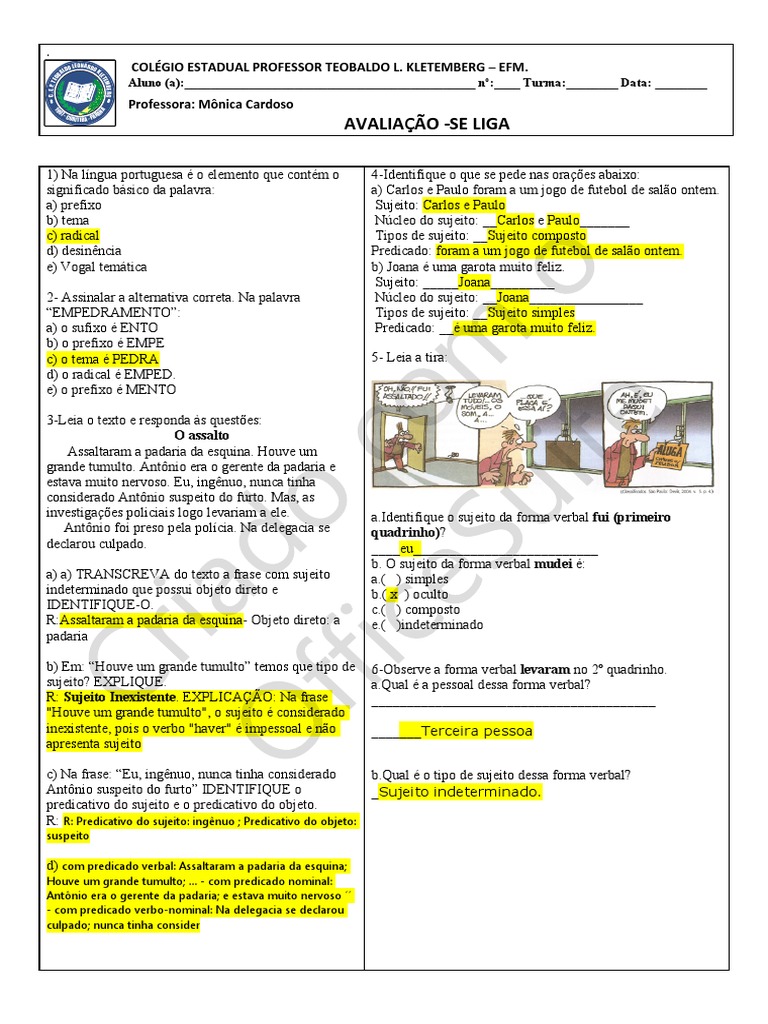 7º Anos Gabarito Seliga, PDF, Assunto (gramática)