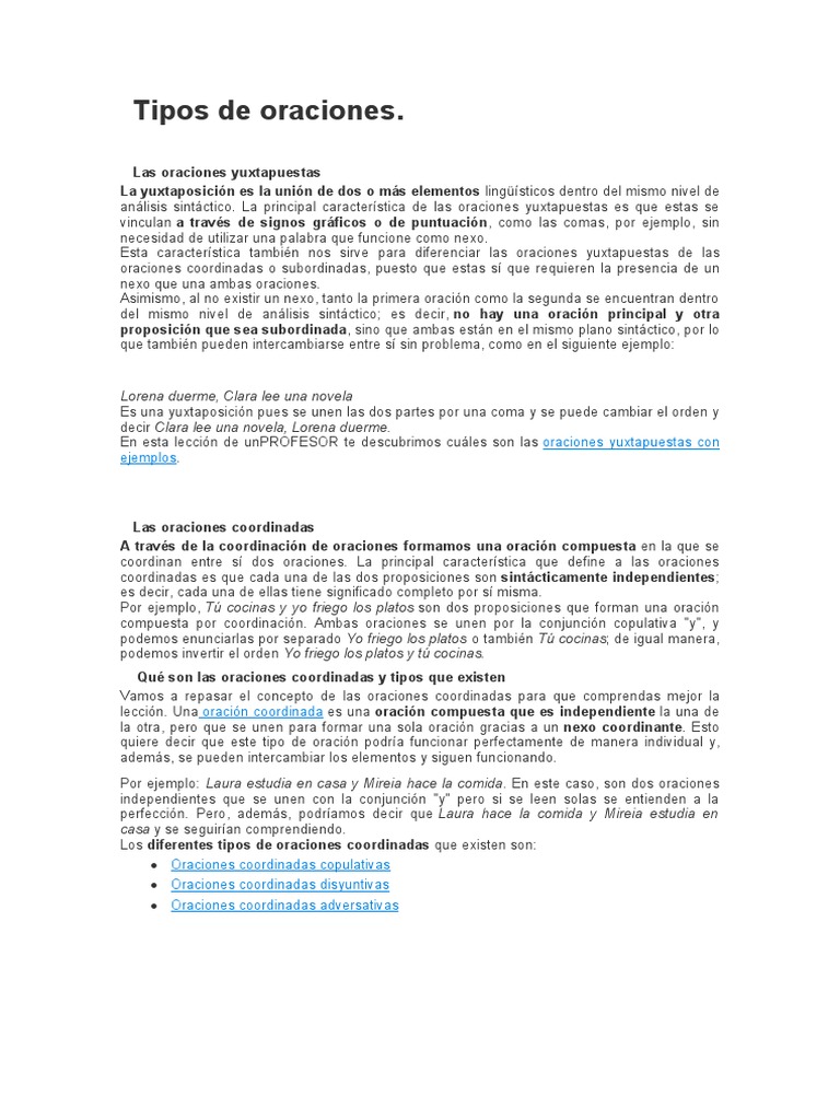 Tipos de Oraciones | PDF | Oración (Lingüística) | Mecánica del lenguaje