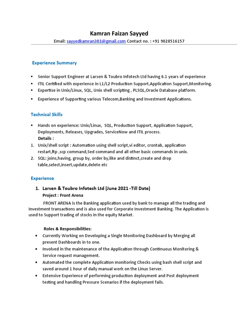 production support resume in unix