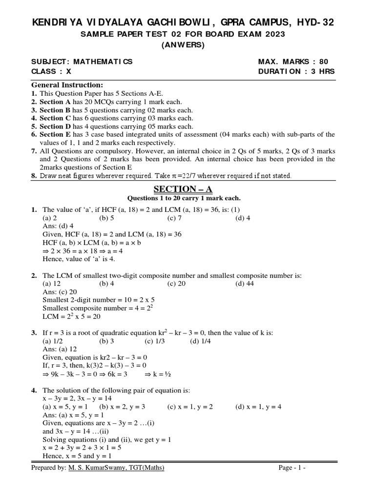 Maths Class X Sample Paper Test 02 For Board Exam 2023 Answers 1 PDF