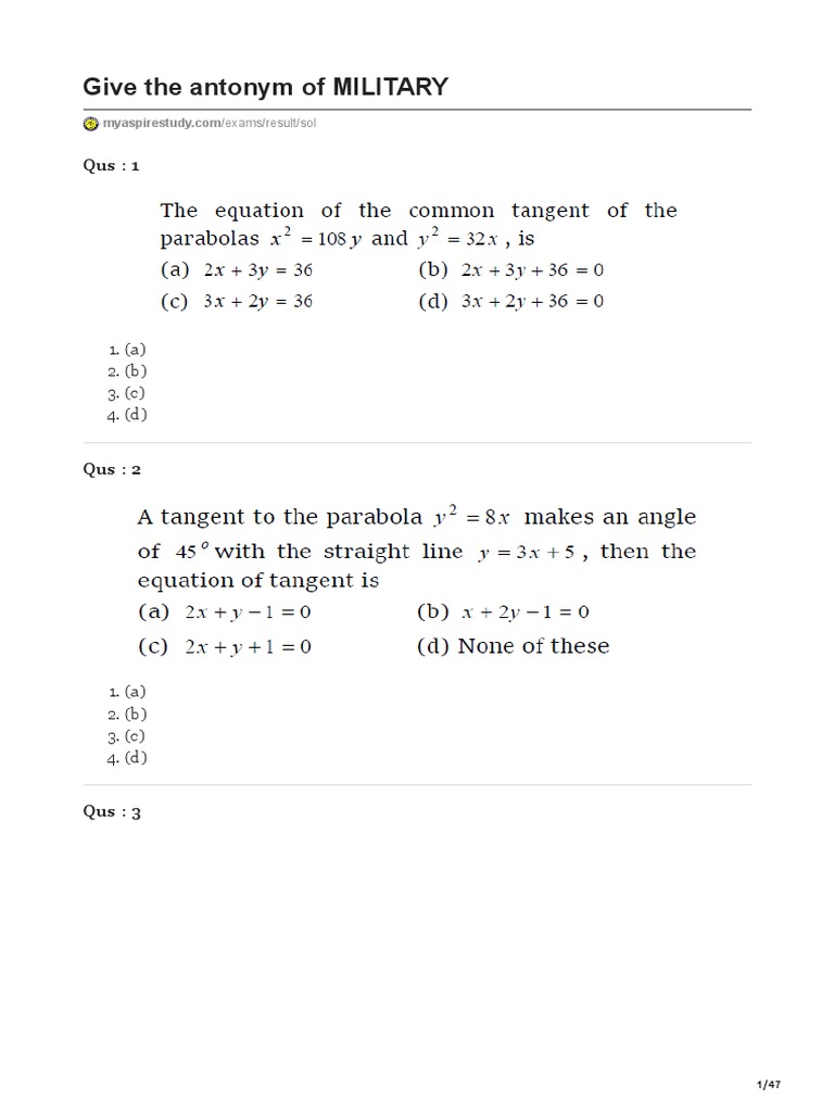 Give The Antonym of MILITARY 1. (A) 2. (B) 3. (C) 4. (D) PDF
