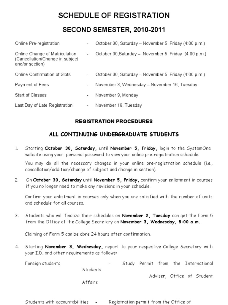 2010-2011 Second Semester Registration Guide | PDF | Cheque | Fee