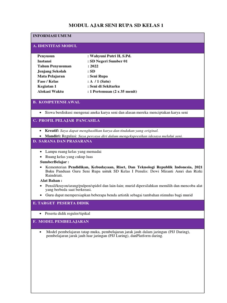 Modul Ajar Seni Rupa Kelas 1 SD | PDF | Karier & Perkembangan | Seni