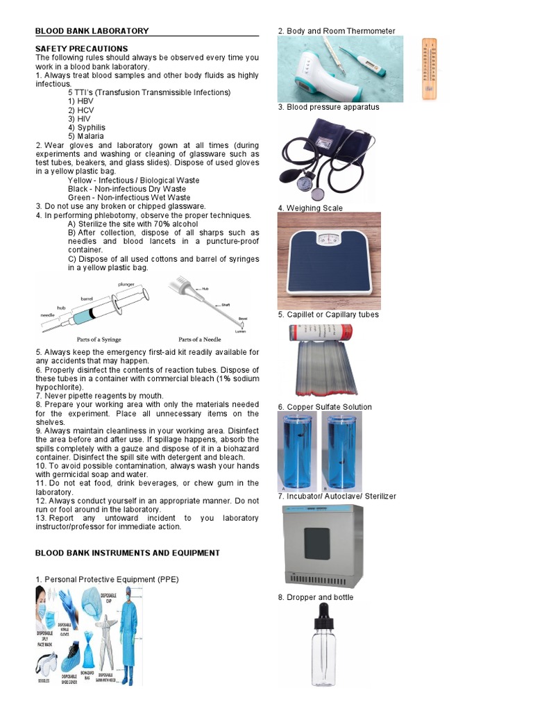 Proper Safety Precautions and Equipment in the Blood Bank Laboratory PDF Laboratories